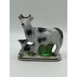 Vintage 3" Black & White Cow and Calf Porcelain Figurine Made in Japan